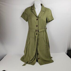 ModCloth XXS Dress Olive Green Linen Pockets Button Shirt Belt Tie Khaki NWT